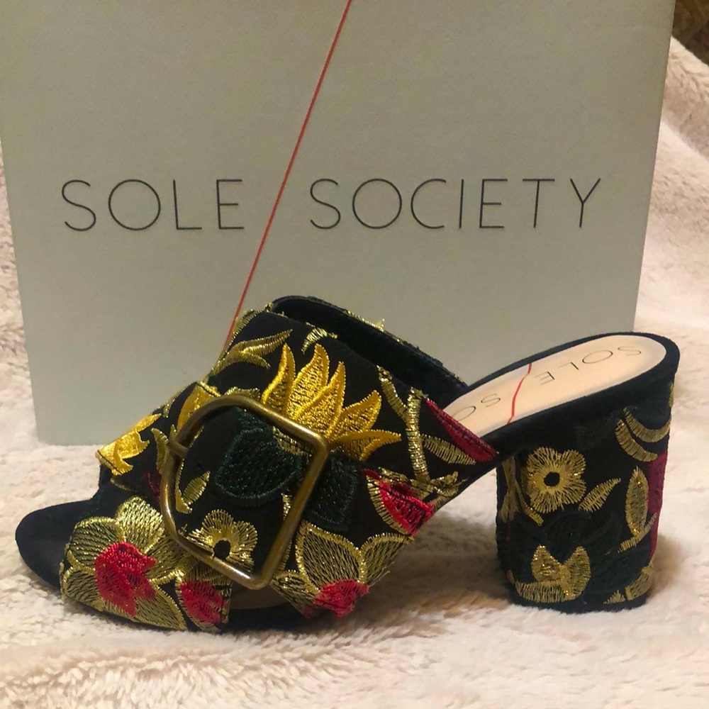 Sole Society Gold Embroidered Mules